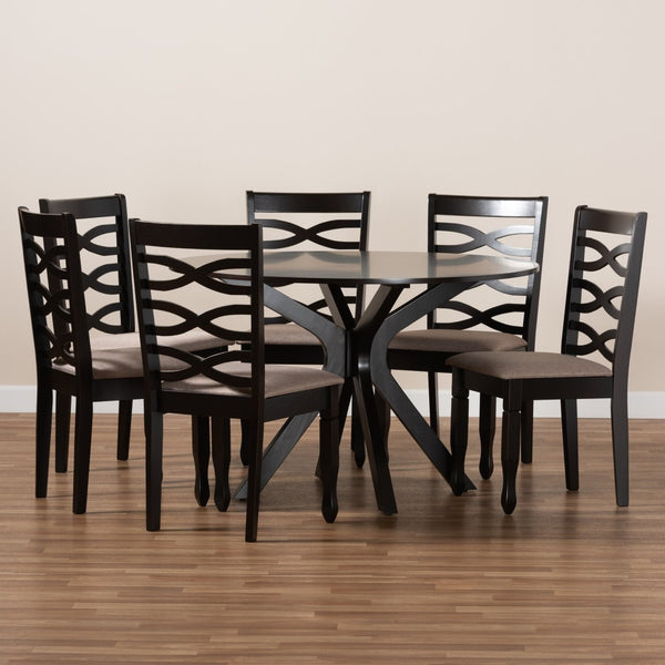 Baxton Studio Baxton Studio Mila 7-Piece Dining Set: Modern Round Table & Upholstered Chairs for Stylish Dining Mila-Sand/Dark Brown-7PC Dining Set