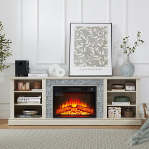 English Elm Large White Fireplace Tv Stand with Faux Stone Surround and Adjustable Media Storage W2275S00035