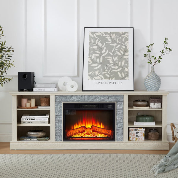 English Elm Large White Fireplace Tv Stand with Faux Stone Surround and Adjustable Media Storage W2275S00035