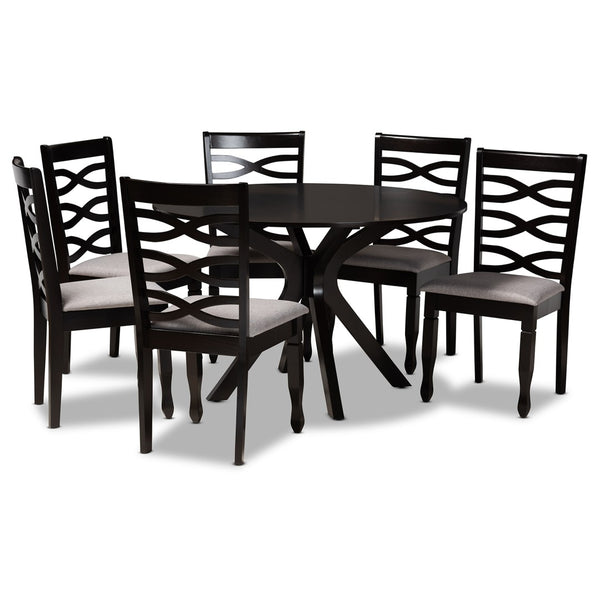 Baxton Studio Baxton Studio Mila 7-Piece Modern Dining Set - Elegant Grey Upholstered Chairs & Round Table Design Mila-Grey/Dark Brown-7PC Dining Set