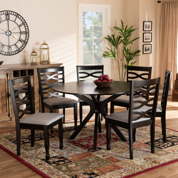 Baxton Studio Baxton Studio Mila 7-Piece Modern Dining Set - Elegant Grey Upholstered Chairs & Round Table Design Mila-Grey/Dark Brown-7PC Dining Set