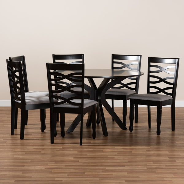 Baxton Studio Baxton Studio Mila 7-Piece Modern Dining Set - Elegant Grey Upholstered Chairs & Round Table Design Mila-Grey/Dark Brown-7PC Dining Set