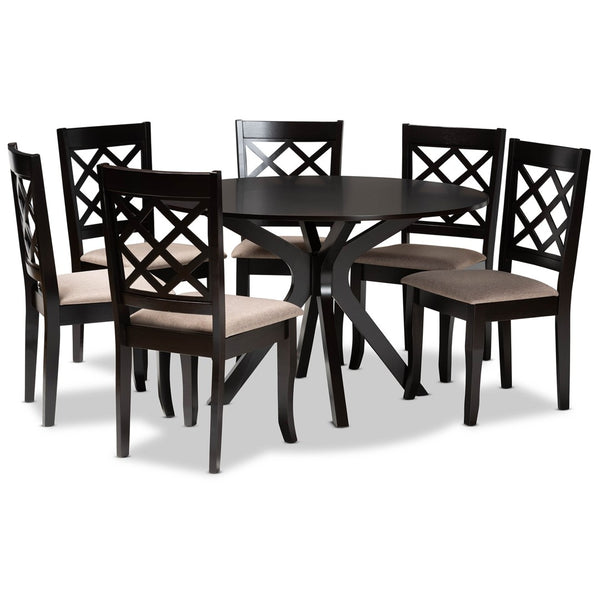 Baxton Studio Baxton Studio Jana 7-Piece Dining Set: Contemporary Round Table & Plush Sand Upholstered Chairs Jana-Sand/Dark Brown-7PC Dining Set