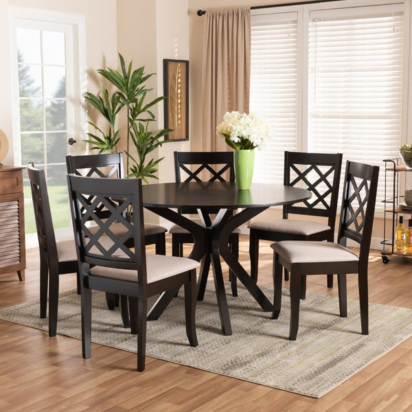 Baxton Studio Baxton Studio Jana 7-Piece Dining Set: Contemporary Round Table & Plush Sand Upholstered Chairs Jana-Sand/Dark Brown-7PC Dining Set