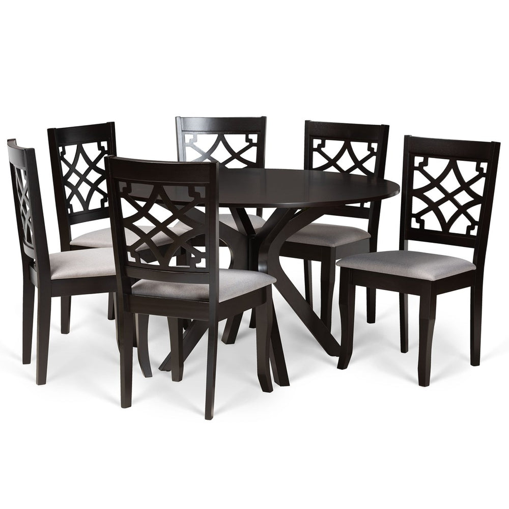 Baxton Studio Baxton Studio Elena 7-Piece Modern Dining Set: Grey Upholstered Chairs & Round Table for Elegance Elena-Grey/Dark Brown-7PC Dining Set