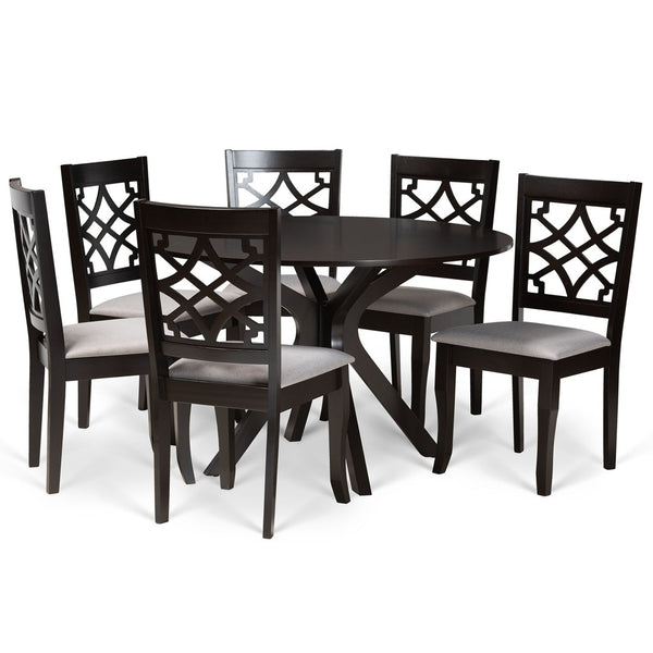 Baxton Studio Baxton Studio Elena 7-Piece Modern Dining Set: Grey Upholstered Chairs & Round Table for Elegance Elena-Grey/Dark Brown-7PC Dining Set
