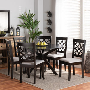 Baxton Studio Baxton Studio Elena 7-Piece Modern Dining Set: Grey Upholstered Chairs & Round Table for Elegance Elena-Grey/Dark Brown-7PC Dining Set