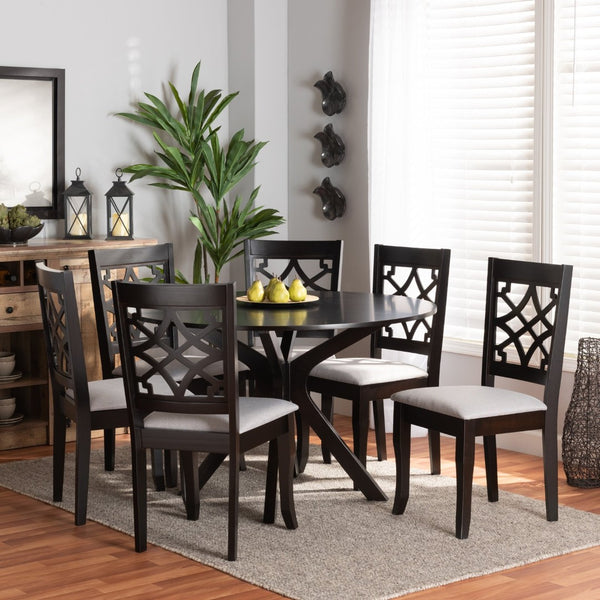 Baxton Studio Baxton Studio Elena 7-Piece Modern Dining Set: Grey Upholstered Chairs & Round Table for Elegance Elena-Grey/Dark Brown-7PC Dining Set