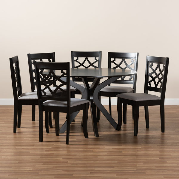 Baxton Studio Baxton Studio Elena 7-Piece Modern Dining Set: Grey Upholstered Chairs & Round Table for Elegance Elena-Grey/Dark Brown-7PC Dining Set