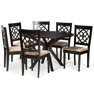 Baxton Studio Baxton Studio Sadie 7-Piece Dining Set with Circular Table & Ergonomically Designed Chairs in Sand Sadie-Sand/Dark Brown-7PC Dining Set