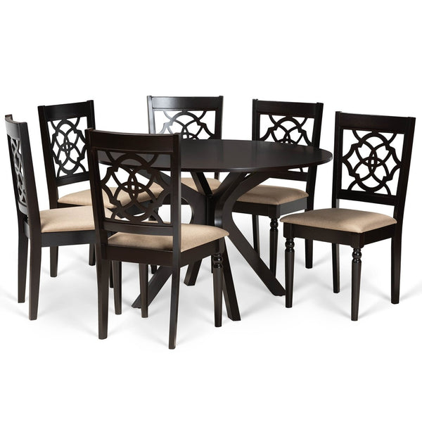 Baxton Studio Baxton Studio Sadie 7-Piece Dining Set with Circular Table & Ergonomically Designed Chairs in Sand Sadie-Sand/Dark Brown-7PC Dining Set
