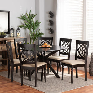 Baxton Studio Baxton Studio Sadie 7-Piece Dining Set with Circular Table & Ergonomically Designed Chairs in Sand Sadie-Sand/Dark Brown-7PC Dining Set