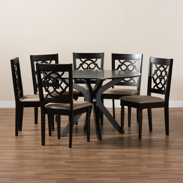 Baxton Studio Baxton Studio Sadie 7-Piece Dining Set with Circular Table & Ergonomically Designed Chairs in Sand Sadie-Sand/Dark Brown-7PC Dining Set