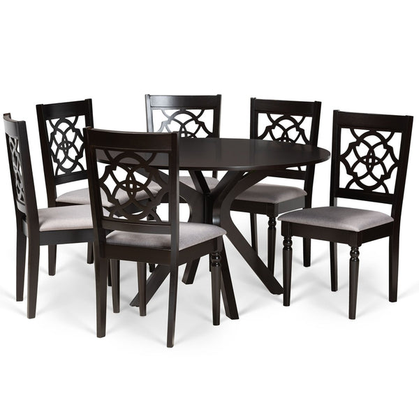 Baxton Studio Baxton Studio Sadie 7-Piece Grey Fabric Dining Set with Cut-Out Chairs & Dark Brown Wood Table Sadie-Grey/Dark Brown-7PC Dining Set