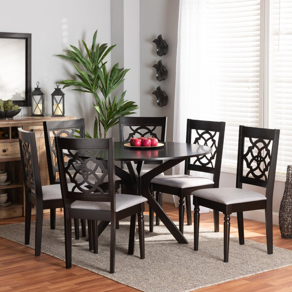 Baxton Studio Baxton Studio Sadie 7-Piece Grey Fabric Dining Set with Cut-Out Chairs & Dark Brown Wood Table Sadie-Grey/Dark Brown-7PC Dining Set