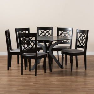 Baxton Studio Baxton Studio Sadie 7-Piece Grey Fabric Dining Set with Cut-Out Chairs & Dark Brown Wood Table Sadie-Grey/Dark Brown-7PC Dining Set
