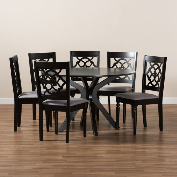 Baxton Studio Baxton Studio Sadie 7-Piece Grey Fabric Dining Set with Cut-Out Chairs & Dark Brown Wood Table Sadie-Grey/Dark Brown-7PC Dining Set