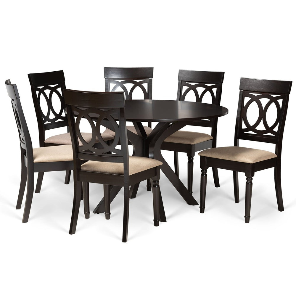 Baxton Studio Baxton Studio Jessie 7-Piece Dining Set - Modern Sand Upholstered Chairs & Round Dark Brown Table Jessie-Sand/Dark Brown-7PC Dining Set