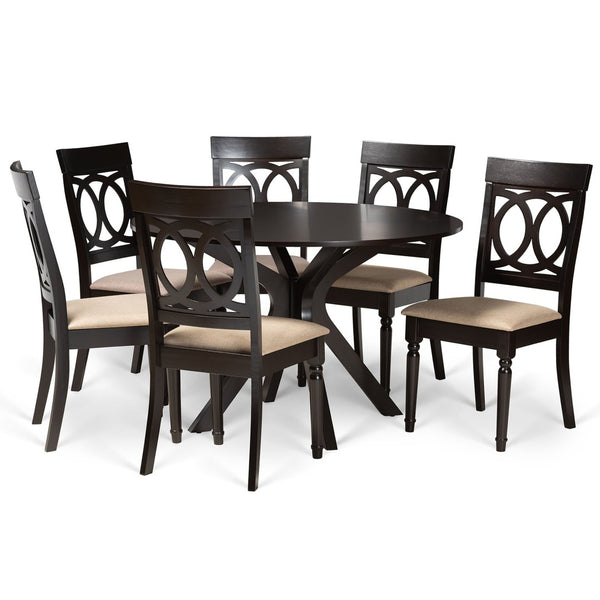 Baxton Studio Baxton Studio Jessie 7-Piece Dining Set - Modern Sand Upholstered Chairs & Round Dark Brown Table Jessie-Sand/Dark Brown-7PC Dining Set