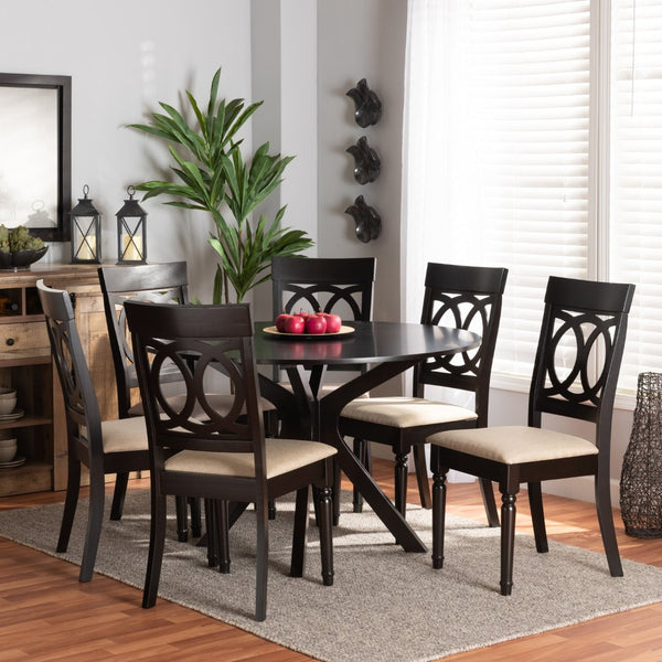 Baxton Studio Baxton Studio Jessie 7-Piece Dining Set - Modern Sand Upholstered Chairs & Round Dark Brown Table Jessie-Sand/Dark Brown-7PC Dining Set