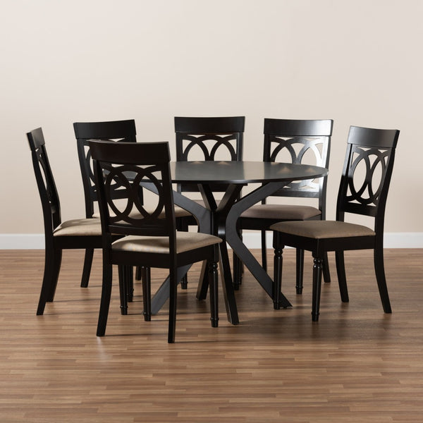 Baxton Studio Baxton Studio Jessie 7-Piece Dining Set - Modern Sand Upholstered Chairs & Round Dark Brown Table Jessie-Sand/Dark Brown-7PC Dining Set