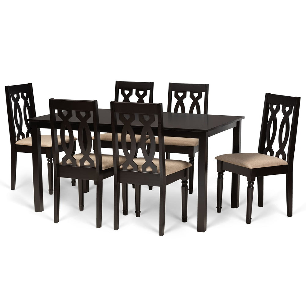 Baxton Studio Baxton Cherese Modern 7-Piece Sand Fabric Upholstered Dining Set with Dark Brown Wood Finish RH334C-Sand/Dark Brown-7PC Dining Set