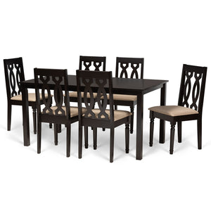 Baxton Studio Baxton Cherese Modern 7-Piece Sand Fabric Upholstered Dining Set with Dark Brown Wood Finish RH334C-Sand/Dark Brown-7PC Dining Set