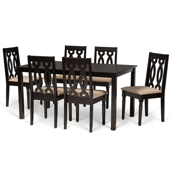 Baxton Studio Baxton Cherese Modern 7-Piece Sand Fabric Upholstered Dining Set with Dark Brown Wood Finish RH334C-Sand/Dark Brown-7PC Dining Set