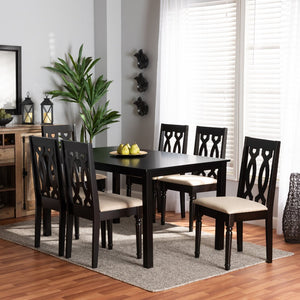 Baxton Studio Baxton Cherese Modern 7-Piece Sand Fabric Upholstered Dining Set with Dark Brown Wood Finish RH334C-Sand/Dark Brown-7PC Dining Set