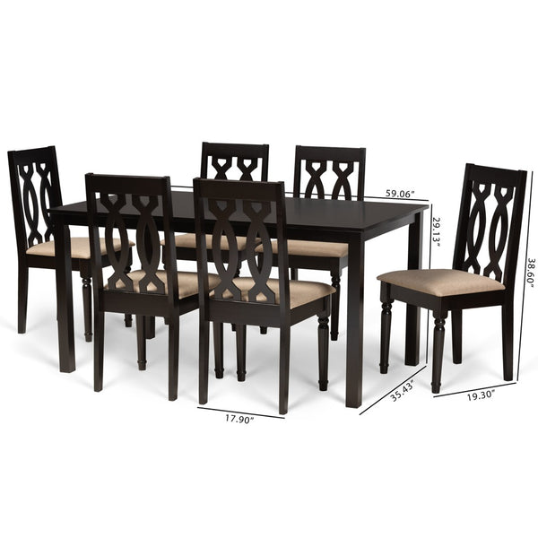 Baxton Studio Baxton Cherese Modern 7-Piece Sand Fabric Upholstered Dining Set with Dark Brown Wood Finish RH334C-Sand/Dark Brown-7PC Dining Set