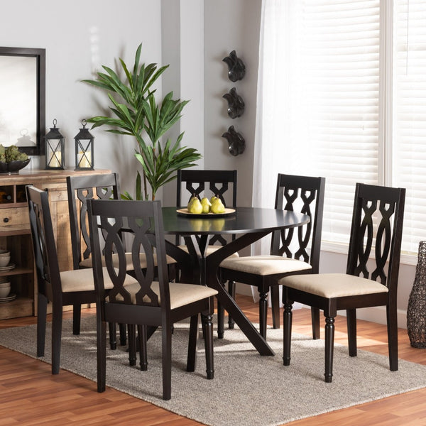 Baxton Studio Baxton Studio Callie 7-Piece Dining Set - Modern Sand Upholstered Chairs & Dark Brown Table Design Callie-Sand/Dark Brown-7PC Dining Set