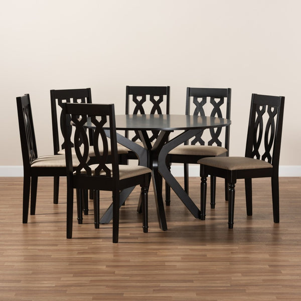 Baxton Studio Baxton Studio Callie 7-Piece Dining Set - Modern Sand Upholstered Chairs & Dark Brown Table Design Callie-Sand/Dark Brown-7PC Dining Set