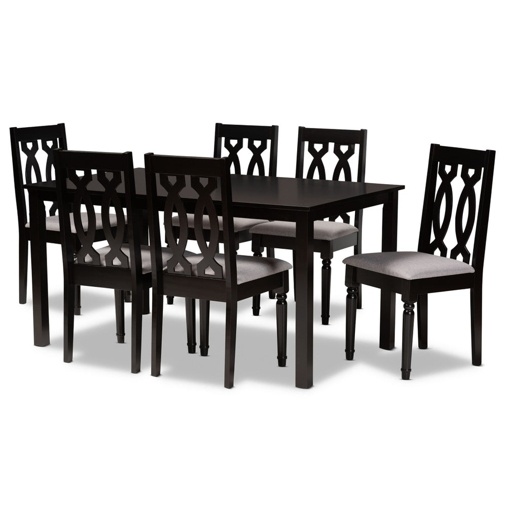 Baxton Studio Baxton Cherese 7-Piece Dining Set with Elegant Grey Upholstered Chairs & Dark Brown Table Design RH334C-Grey/Dark Brown-7PC Dining Set