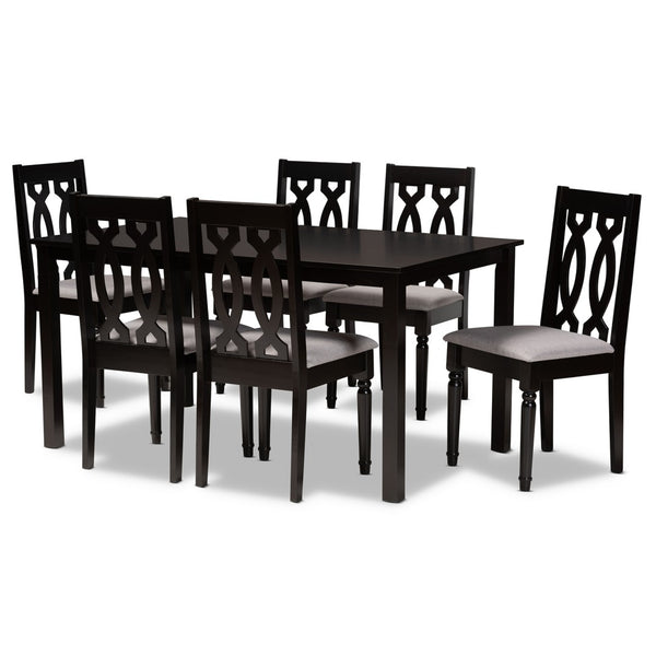 Baxton Studio Baxton Cherese 7-Piece Dining Set with Elegant Grey Upholstered Chairs & Dark Brown Table Design RH334C-Grey/Dark Brown-7PC Dining Set