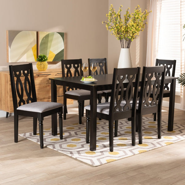 Baxton Studio Baxton Cherese 7-Piece Dining Set with Elegant Grey Upholstered Chairs & Dark Brown Table Design RH334C-Grey/Dark Brown-7PC Dining Set