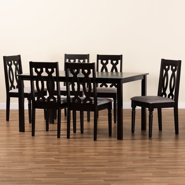 Baxton Studio Baxton Cherese 7-Piece Dining Set with Elegant Grey Upholstered Chairs & Dark Brown Table Design RH334C-Grey/Dark Brown-7PC Dining Set