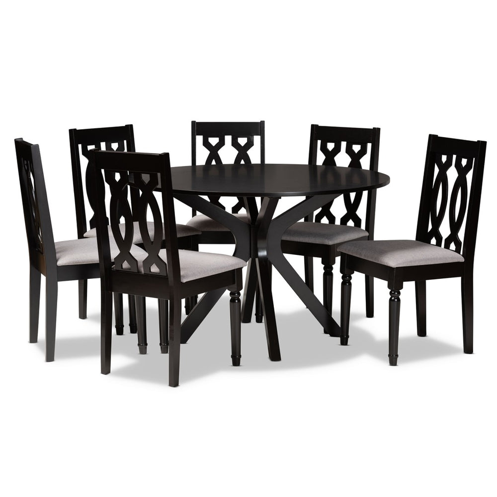Baxton Studio Baxton Callie 7-Piece Modern Dining Set with Grey Upholstered Chairs & Circular Dark Wood Table Callie-Grey/Dark Brown-7PC Dining Set