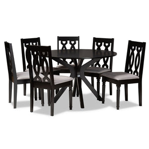 Baxton Studio Baxton Callie 7-Piece Modern Dining Set with Grey Upholstered Chairs & Circular Dark Wood Table Callie-Grey/Dark Brown-7PC Dining Set