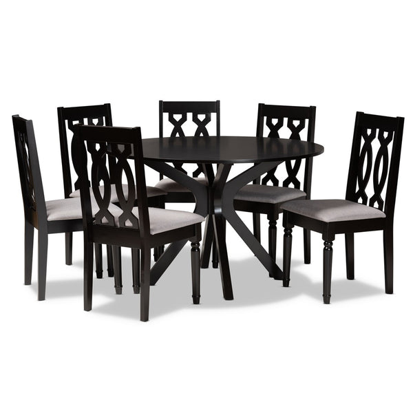 Baxton Studio Baxton Callie 7-Piece Modern Dining Set with Grey Upholstered Chairs & Circular Dark Wood Table Callie-Grey/Dark Brown-7PC Dining Set