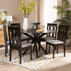Baxton Studio Baxton Callie 7-Piece Modern Dining Set with Grey Upholstered Chairs & Circular Dark Wood Table Callie-Grey/Dark Brown-7PC Dining Set