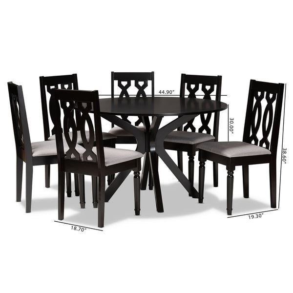 Baxton Studio Baxton Callie 7-Piece Modern Dining Set with Grey Upholstered Chairs & Circular Dark Wood Table Callie-Grey/Dark Brown-7PC Dining Set