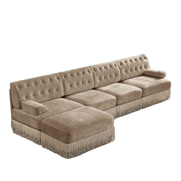 English Elm 135" Chesterfield Velvet Sectional with Tufted Back Tassel Skirt and Modular Living Room Design Camel W714S01700
