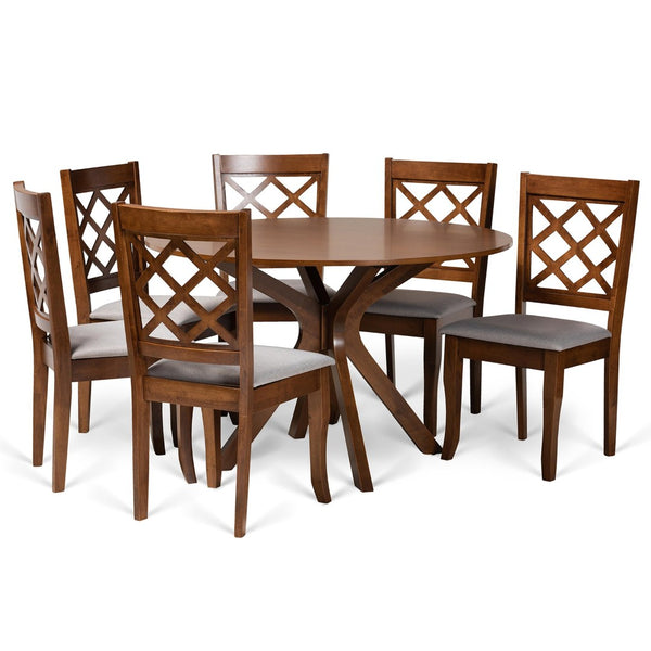 Baxton Studio Baxton Studio Jana 7-Piece Modern Dining Set: Grey Upholstered Chairs & Walnut Round Table Design Jana-Grey/Walnut-7PC Dining Set