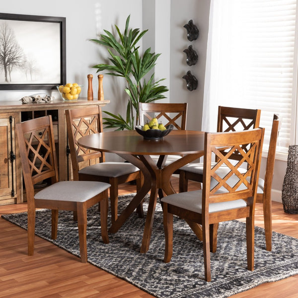 Baxton Studio Baxton Studio Jana 7-Piece Modern Dining Set: Grey Upholstered Chairs & Walnut Round Table Design Jana-Grey/Walnut-7PC Dining Set