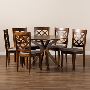 Baxton Studio Baxton Studio Jana 7-Piece Modern Dining Set: Grey Upholstered Chairs & Walnut Round Table Design Jana-Grey/Walnut-7PC Dining Set