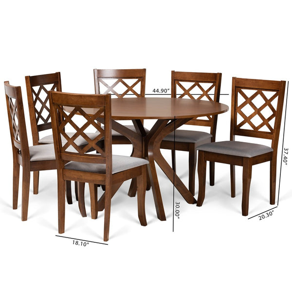 Baxton Studio Baxton Studio Jana 7-Piece Modern Dining Set: Grey Upholstered Chairs & Walnut Round Table Design Jana-Grey/Walnut-7PC Dining Set