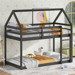 English Elm Twin Rubber Wood Floor Bunk Bed House-Shaped Design with Ladder Guardrails Sturdy Low-Profile Retreat Black W504P206865