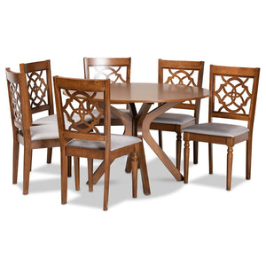 Baxton Studio Baxton Sadie 7-Piece Dining Set: Modern Grey Upholstered Chairs & Walnut Brown Round Table Design Sadie-Grey/Walnut-7PC Dining Set