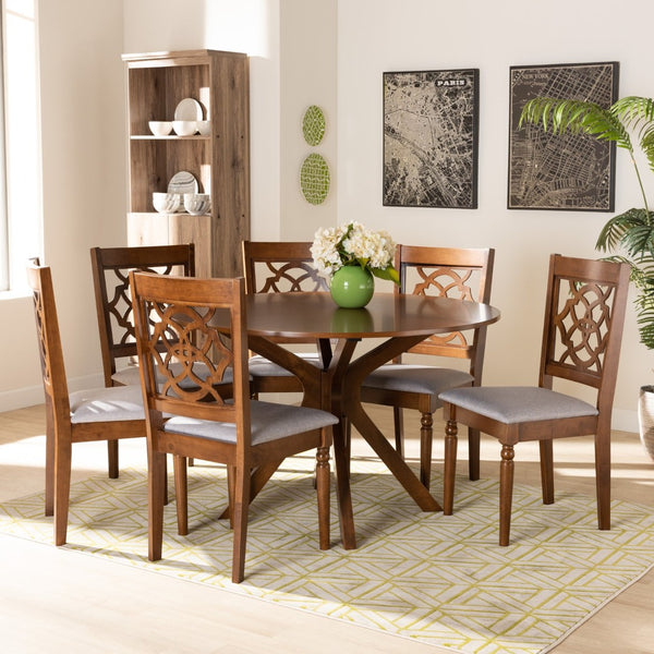 Baxton Studio Baxton Sadie 7-Piece Dining Set: Modern Grey Upholstered Chairs & Walnut Brown Round Table Design Sadie-Grey/Walnut-7PC Dining Set