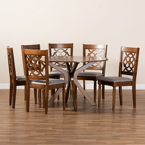 Baxton Studio Baxton Sadie 7-Piece Dining Set: Modern Grey Upholstered Chairs & Walnut Brown Round Table Design Sadie-Grey/Walnut-7PC Dining Set